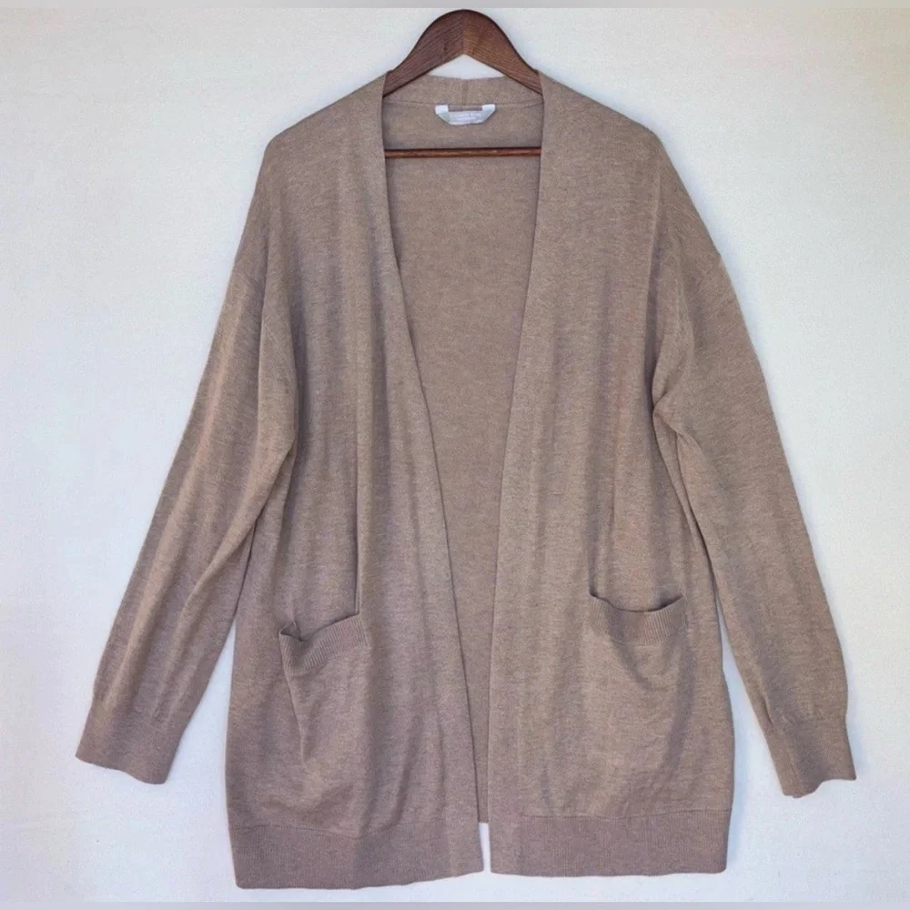 CASHMERE Wool Cardigan Sweater‎ Brown Beige Tan Neutral Long Open Front Small
